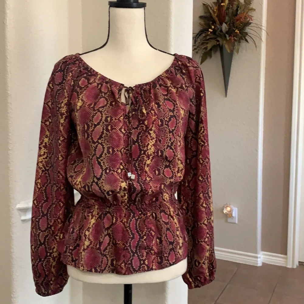 Michael Kors burgundy & blacks skin print peplum silk top Size XS